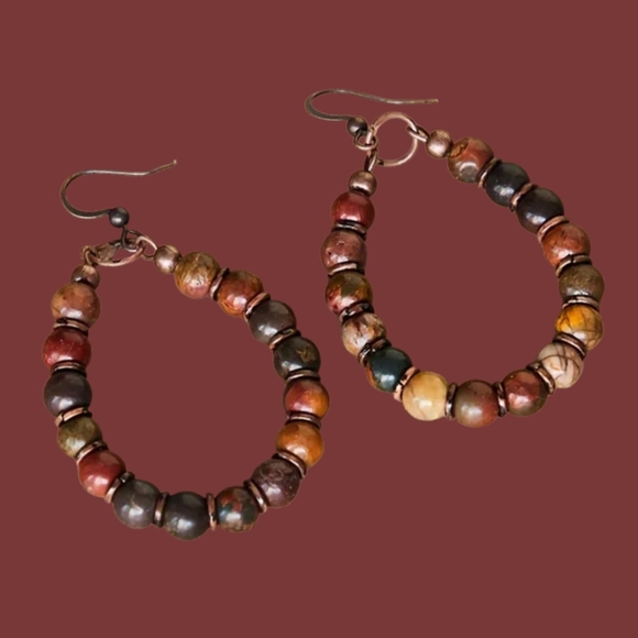 Multicolor Natural Jasper Stone Hoop Earrings - Women Jewelry #410 - Picture 2 of 4